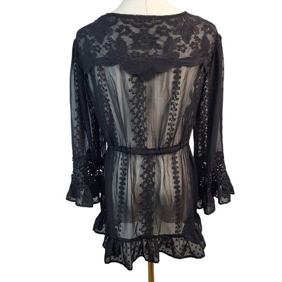 NEW POL Small Black Sheer Lace Lingerie Cover-Up / Robe / Wrap Tassel Embroidery - Picture 6 of 16